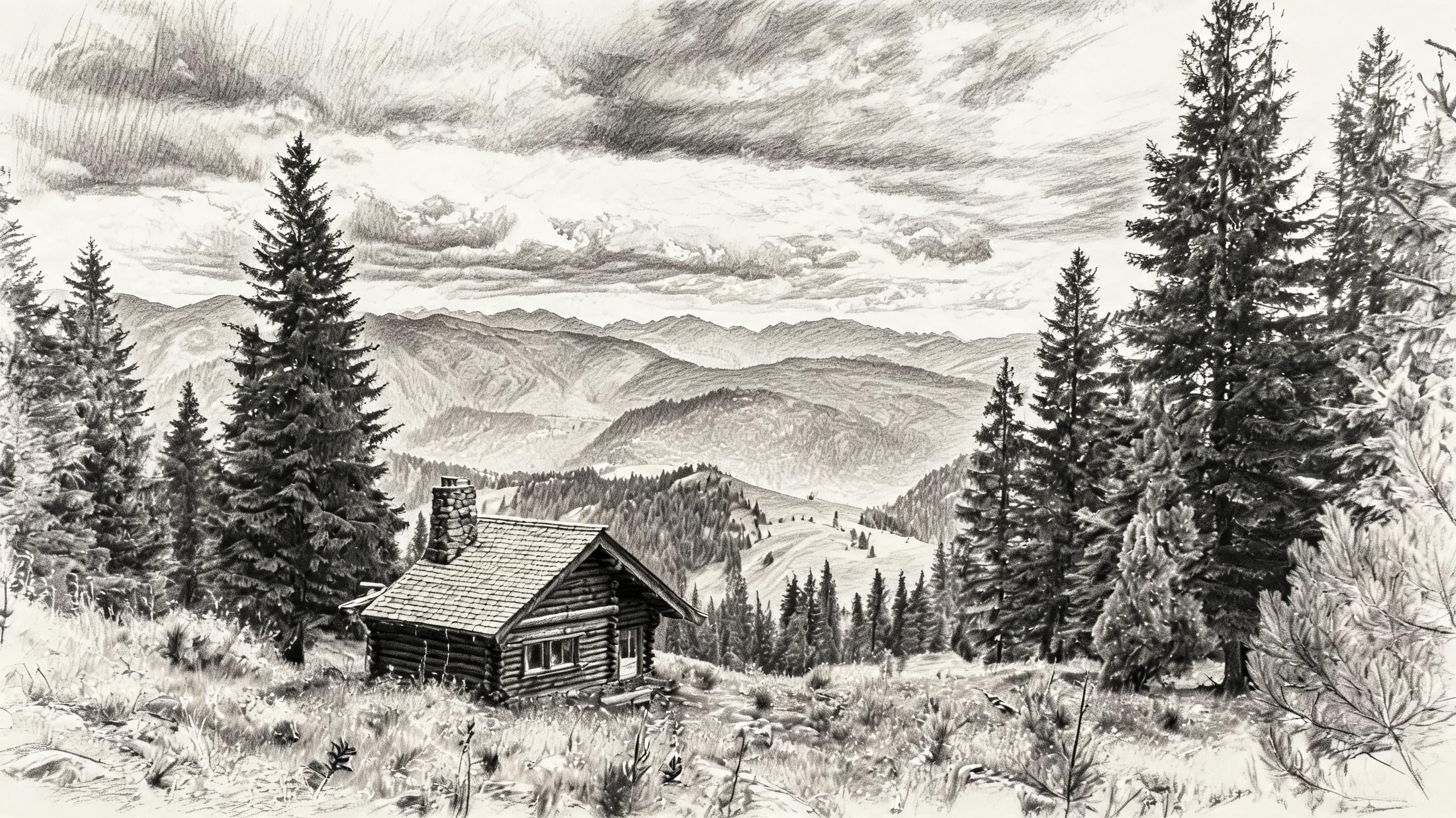 Mountain cabin landscape converted into a dramatic charcoal sketch