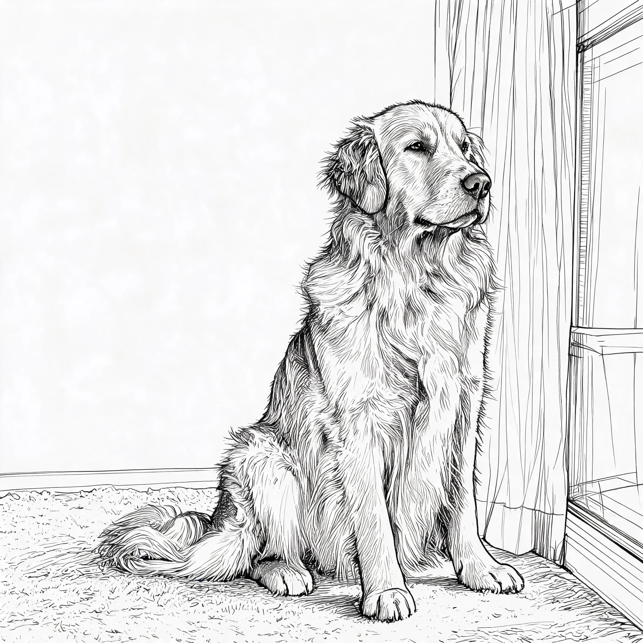 Dog photo transformed into a clean ink sketch with detailed fur lines