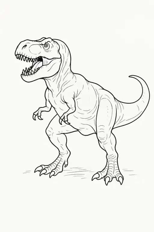 A printable line art coloring page of a fierce Tyrannosaurus Rex dinosaur, ready for guided coloring.