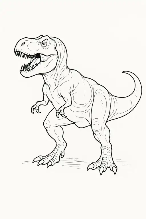 Página para colorir imprimível de um tiranossauro rex feroz em line art, pronta para crianças.