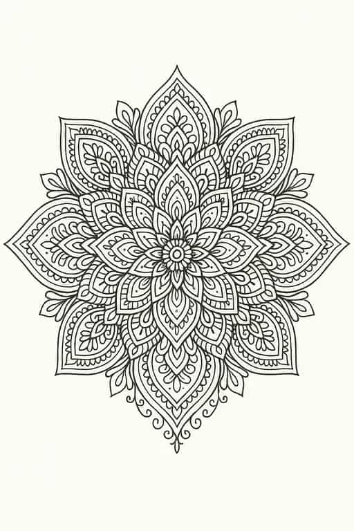 An intricate floral mandala line art coloring page for adults, featuring detailed patterns for relaxation and focus.