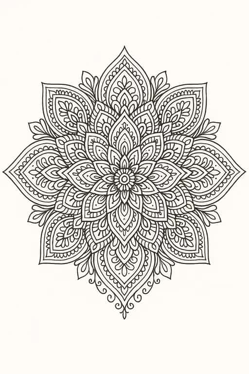 Mandala floral detalhada em line art para adultos, feita para relaxamento e foco.