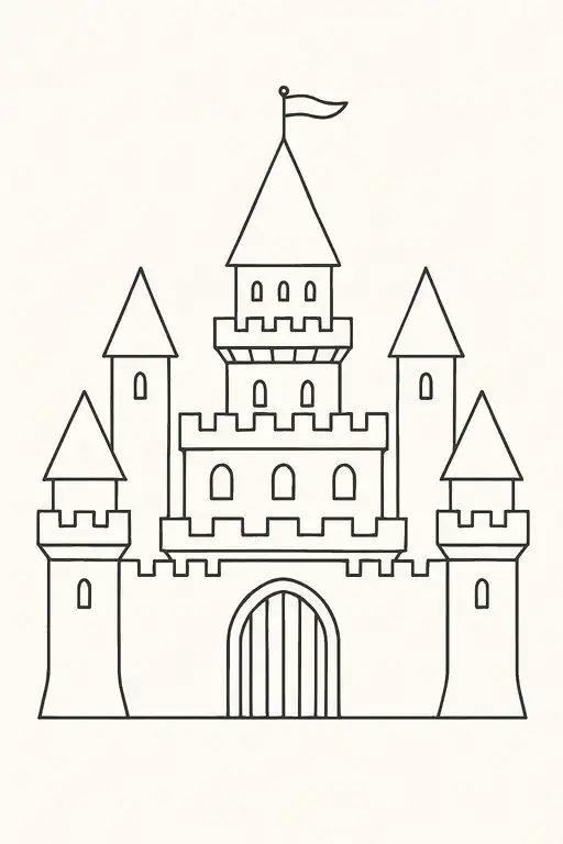 An easy-to-color line art drawing of a simple fairytale castle for guided activities.