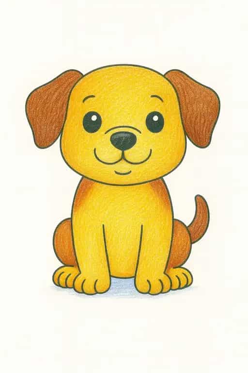 An example of a finished cute puppy coloring page, colored in yellow and brown with colored pencils.