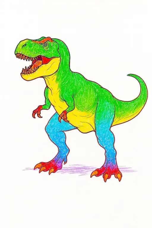 A vividly colored example of a T-Rex dinosaur coloring page, showing a green body and blue legs.