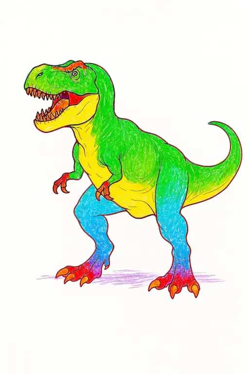 Exemplo colorido de um T-Rex com corpo verde e pernas azuis.