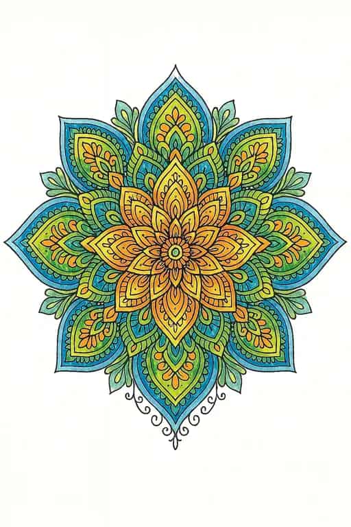 A beautifully colored-in floral mandala with calming blue, green, and yellow gradients, showcasing an adult coloring example.