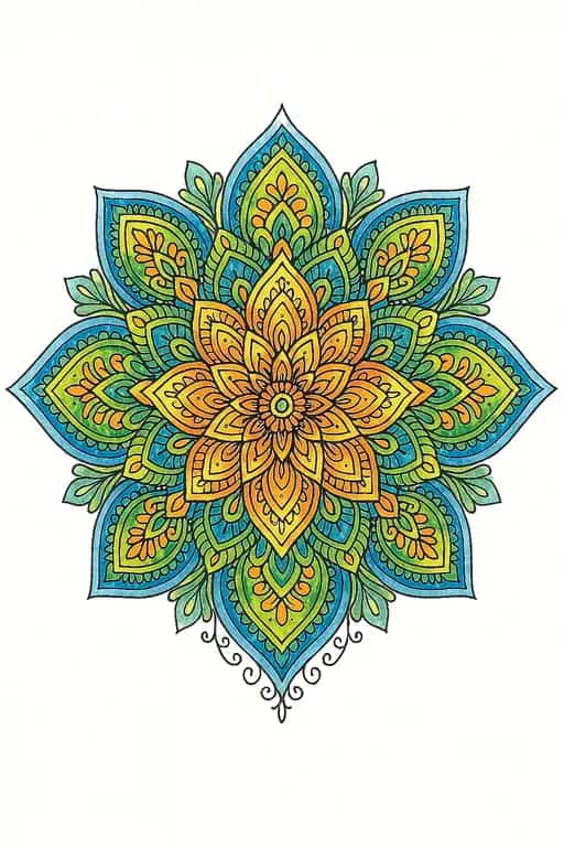 Mandala floral colorida com degradês em azul, verde e amarelo.