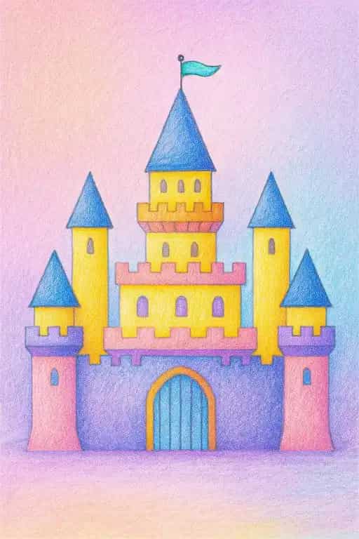 A colored example of a simple castle using soft crayons with a colorful rainbow background.