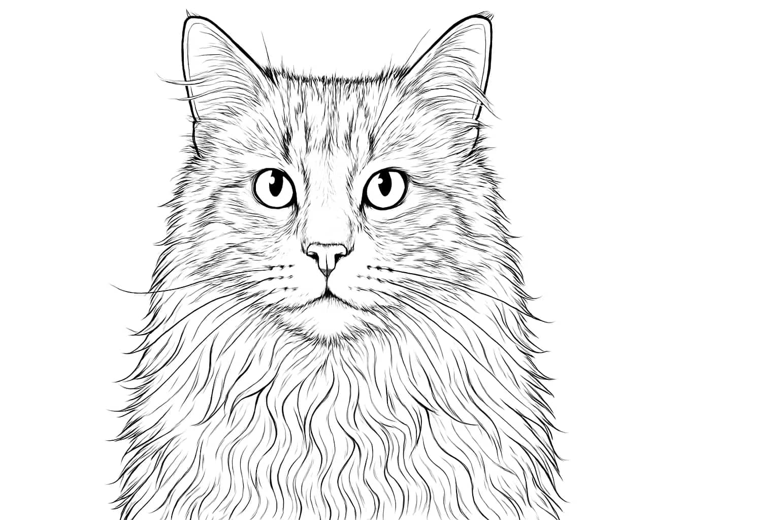 AI generated line art coloring page of a long-haired cat.